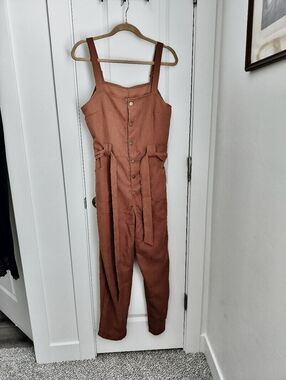 SHEIN Rust Brown Button-Front Belted Jumpsuit
